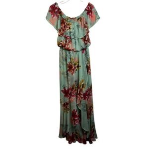 Express Women Floral Off Shoulder Maxi Dress Sage Green Tropical High Low Medium